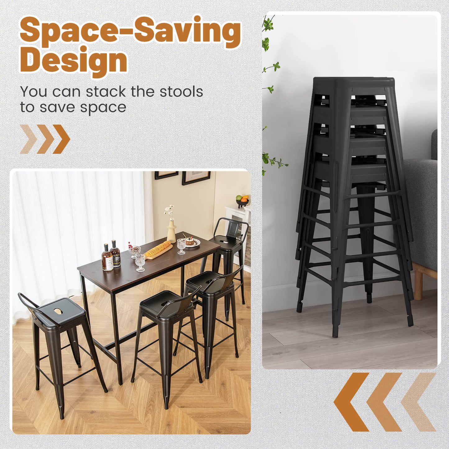 Set of 4 Metal Bar Stools 76 cm with Removable Backrest-Black