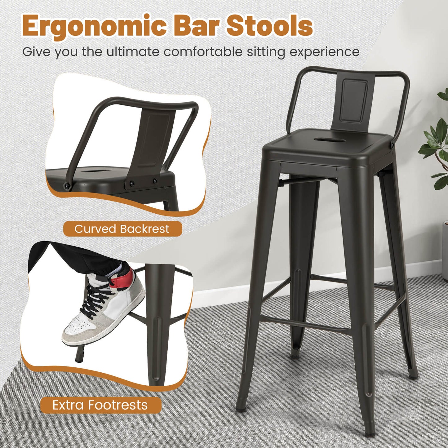 Set of 4 Metal Bar Stools 76 cm with Removable Backrest-Gun