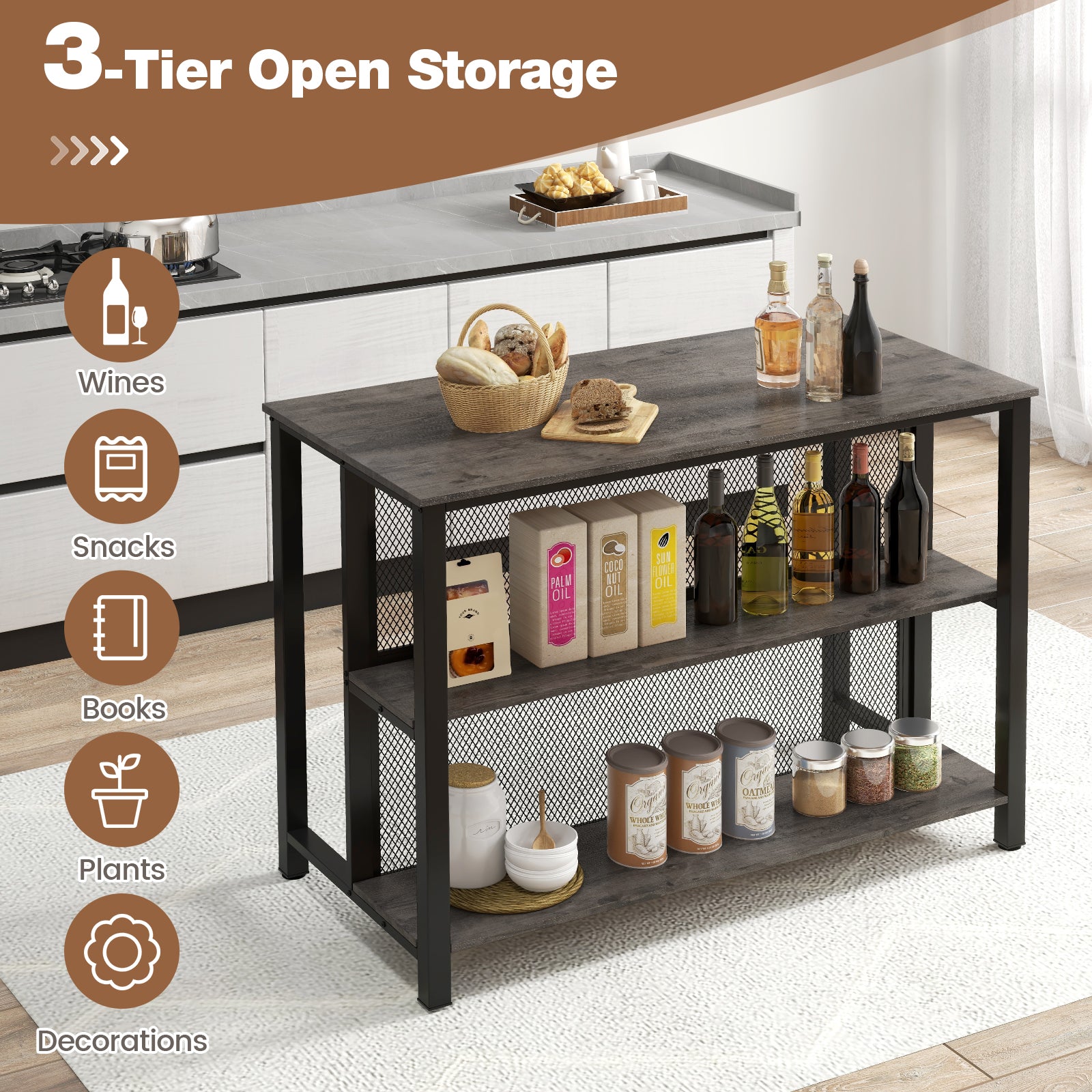 93cm Tall Bar Table with Storage with Open Shelves-Grey