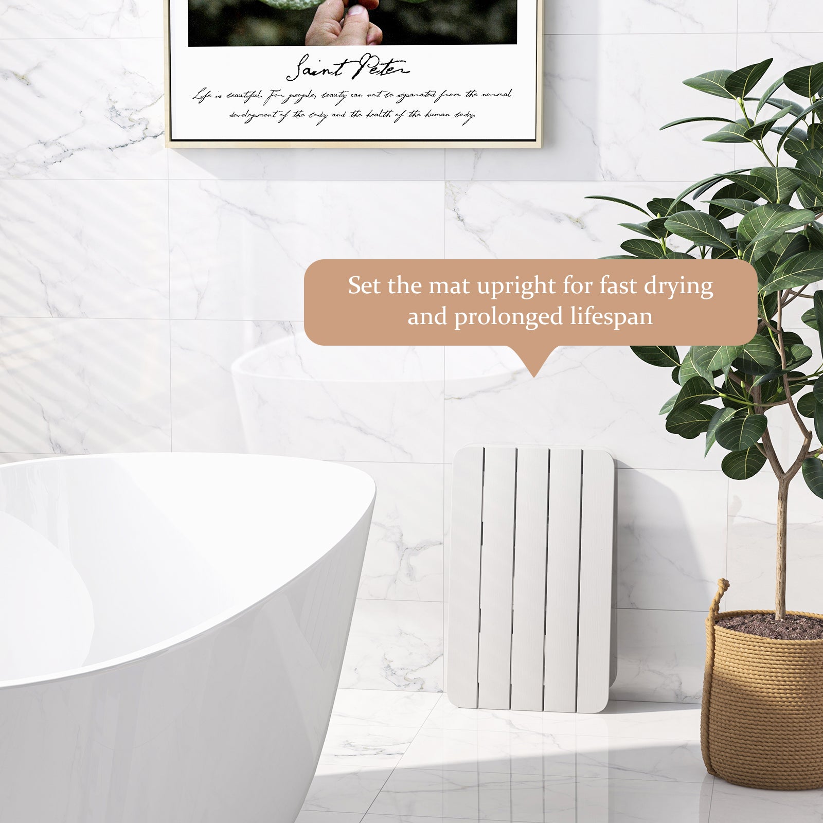 55 x 34 cm Bath Mat for Shower with Non Slip Foot Pads-White