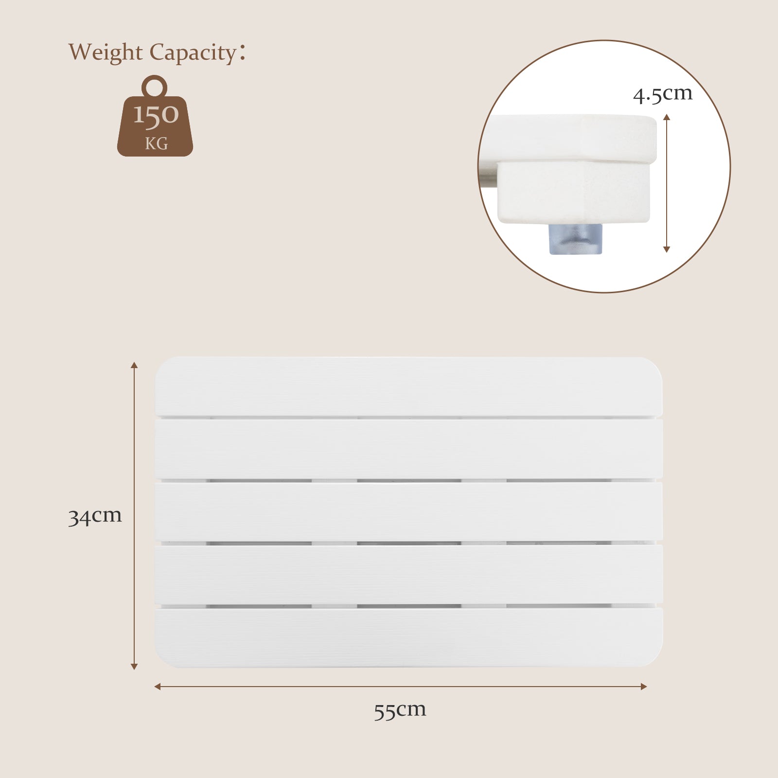 55 x 34 cm Bath Mat for Shower with Non Slip Foot Pads-White