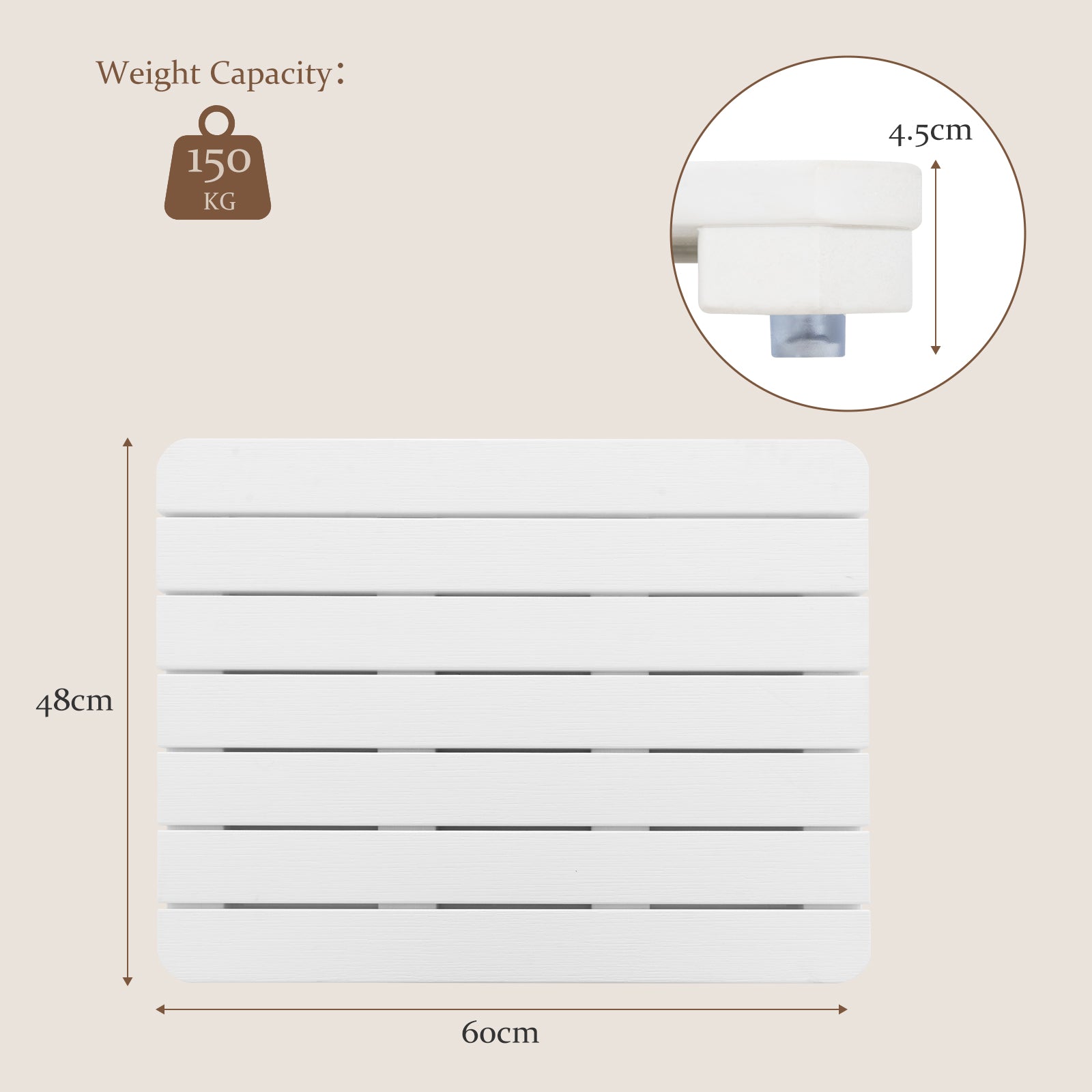 60 x 48 cm Bath Mat for Shower with Non Slip Foot Pads-White