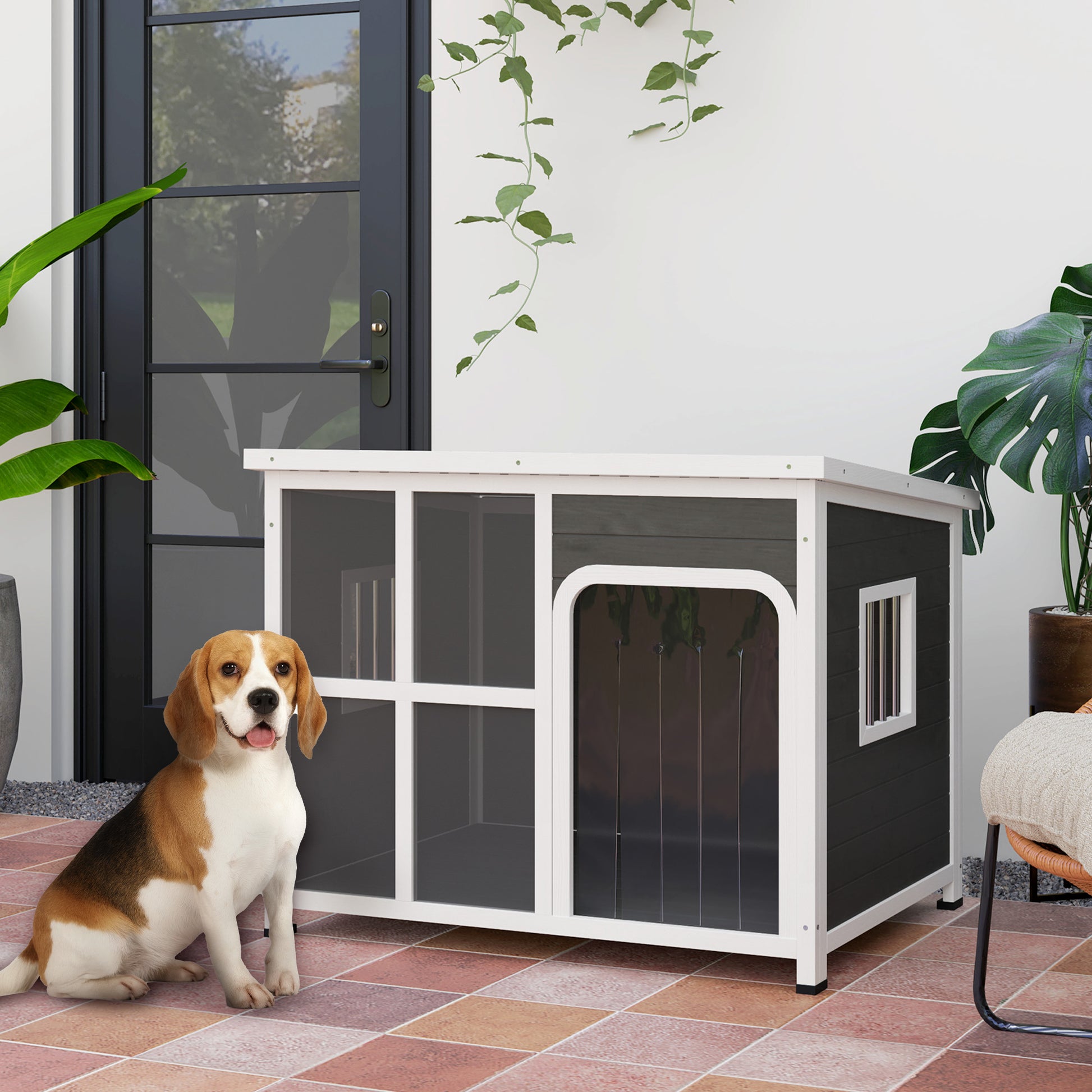 PawHut Wooden Outdoor Dog House, with Asphalt Openable Top