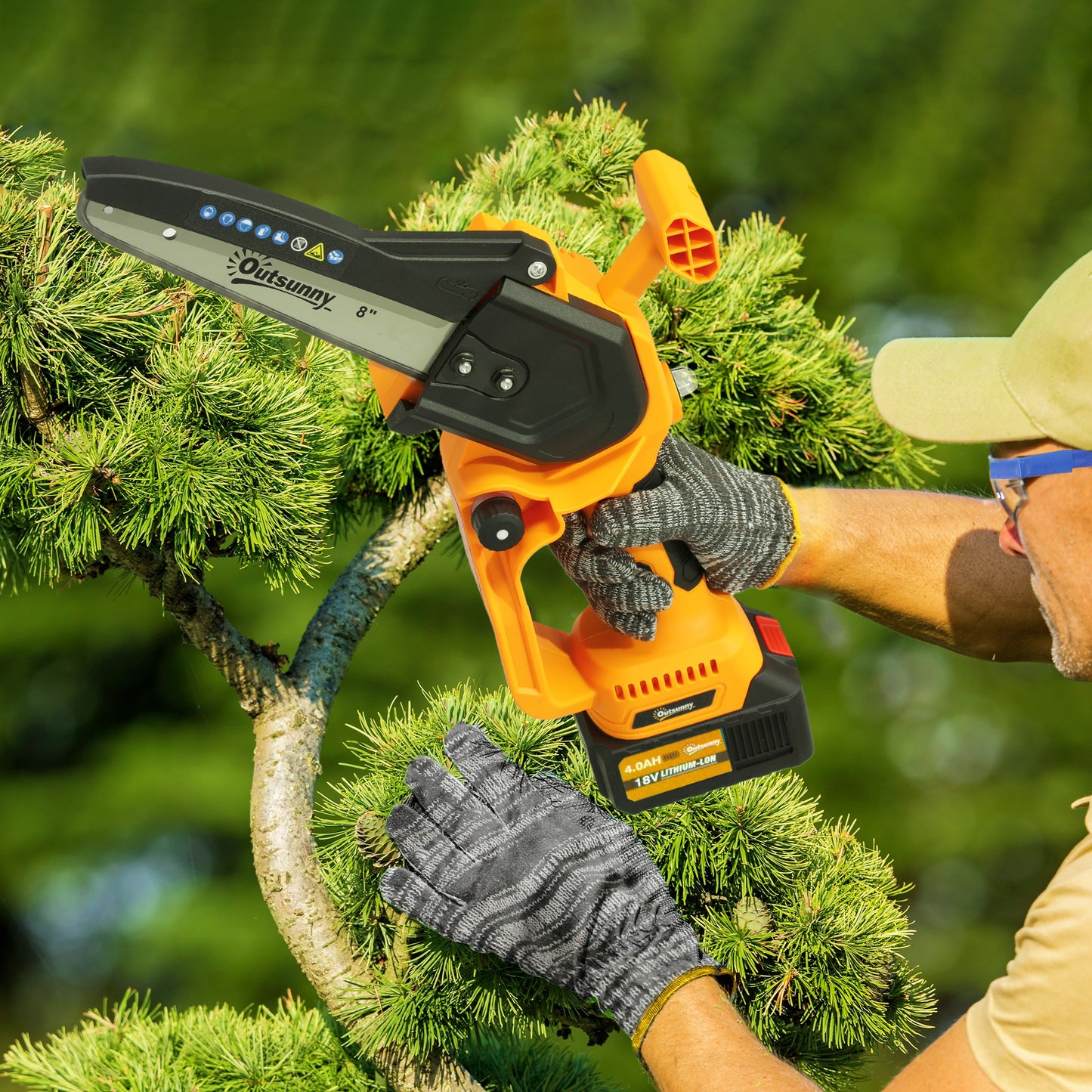 Outsunny 8 Inch Electric Chainsaw, Cordless Chain Saw with Brushless Motor, 2 4.0Ah Batteries and Safety Lock, Handheld Portable Wood Pruning Saw for Trimming Cutting, Orange