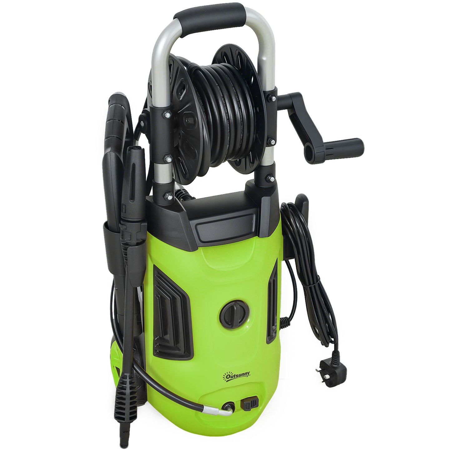 Outsunny 1800W High Pressure Washer, 150 Bar Pressure, 420 L/h Flow, Portable Power Washer Jet Wash Cleaner with Adjustable Nozzle, 6M Hose, Hose Reel, Steel Handle for Home Patio Car Driveway, Green