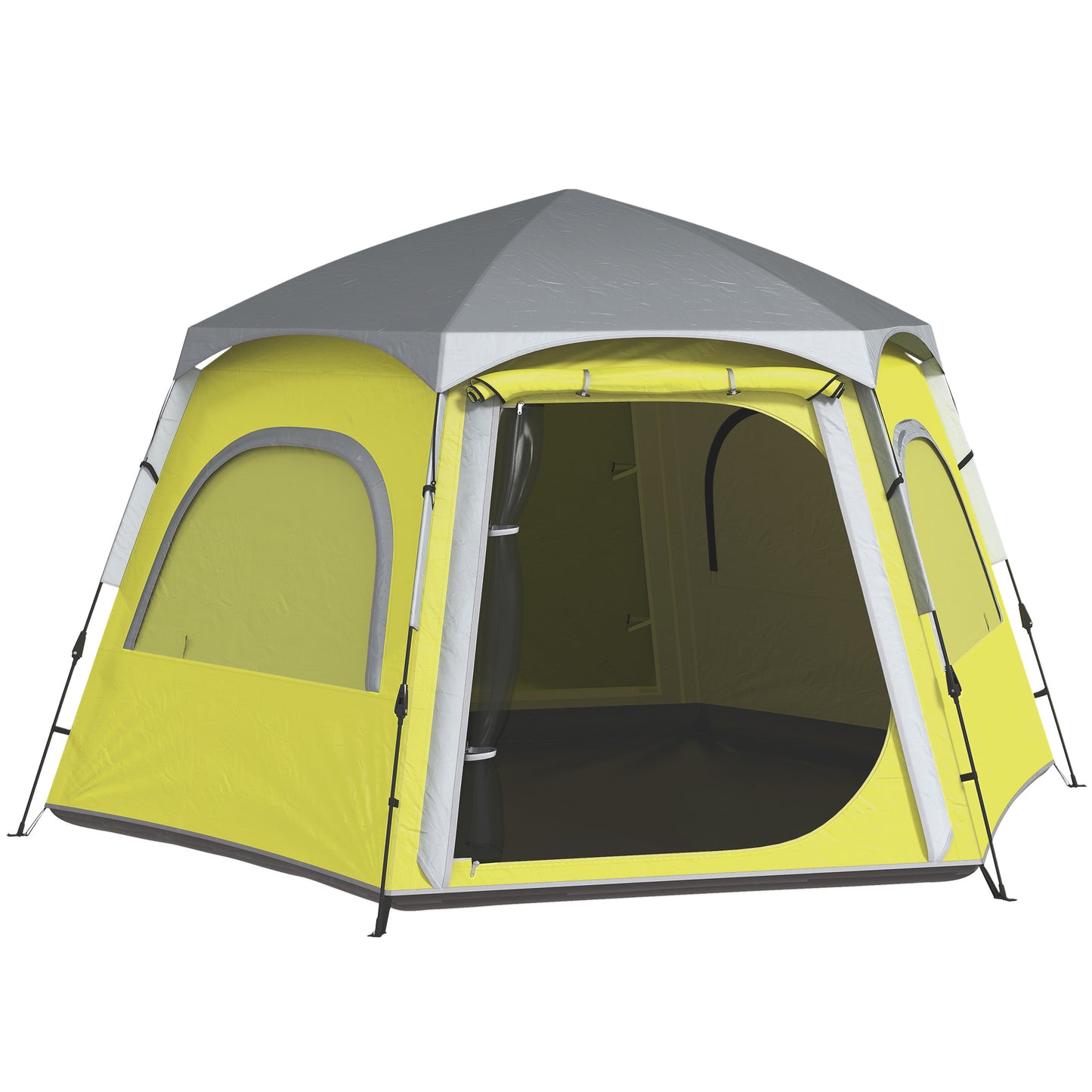 Outsunny Instant Camping Tent, 2/3/4 Person Easy Setup Dome Family Tent with Vestibule, Rainfly, 4 Mesh Windows & 2 Doors, Hexagonal Design, Waterproof & UV Protected, Yellow Green