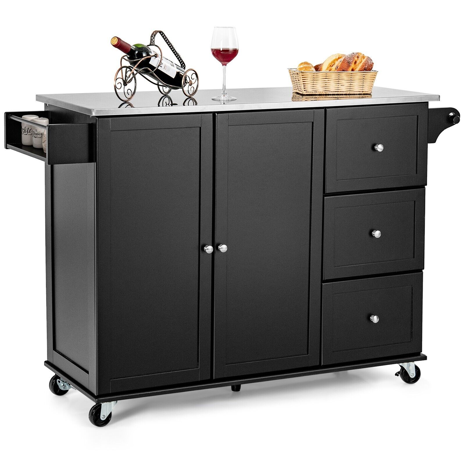 2-Doors Rolling Kitchen Island Cart with 3 Drawers-Black