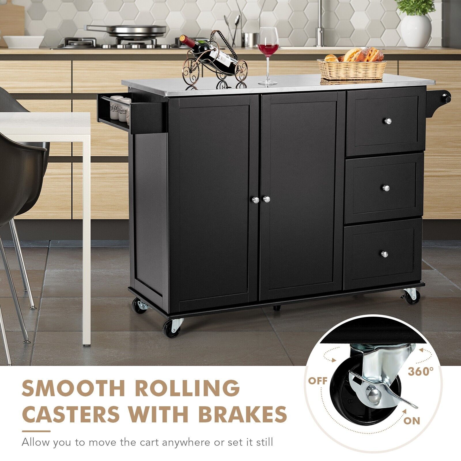 2-Doors Rolling Kitchen Island Cart with 3 Drawers-Black
