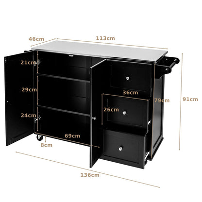 2-Doors Rolling Kitchen Island Cart with 3 Drawers-Black