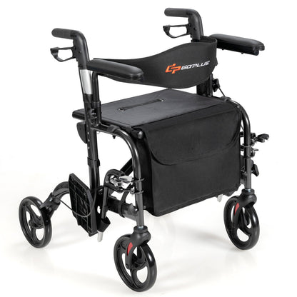 2-In-1 Rollator Walker with Reversible Backrest and Height-Adjustable Handle-Black