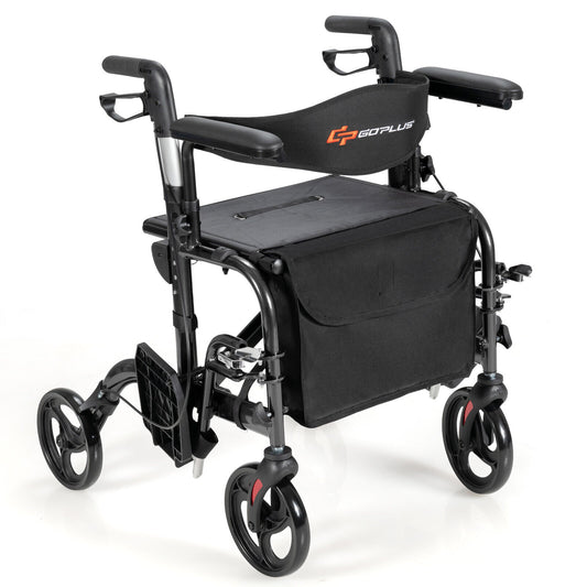 2-In-1 Rollator Walker with Reversible Backrest and Height-Adjustable Handle-Black