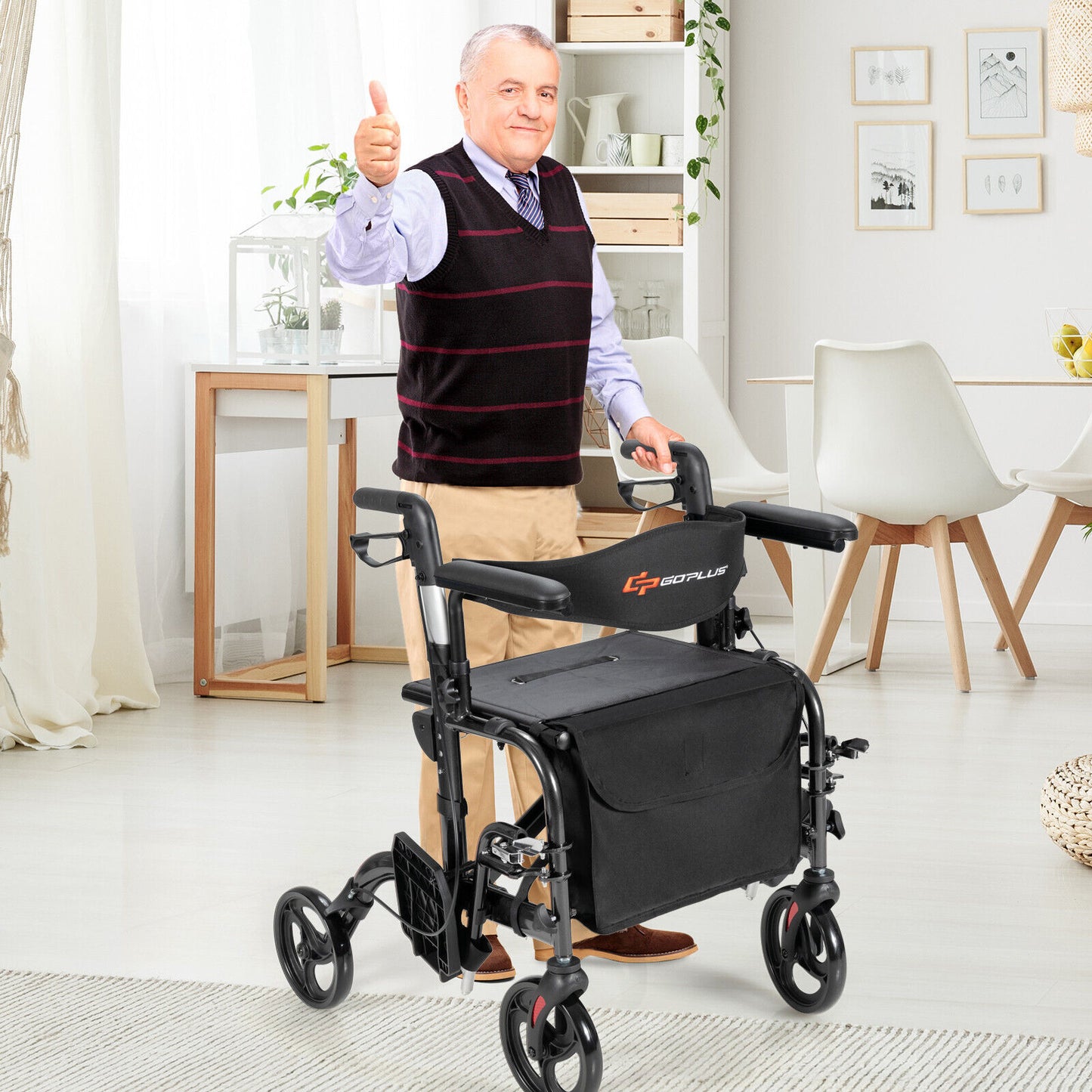 2-In-1 Rollator Walker with Reversible Backrest and Height-Adjustable Handle-Black