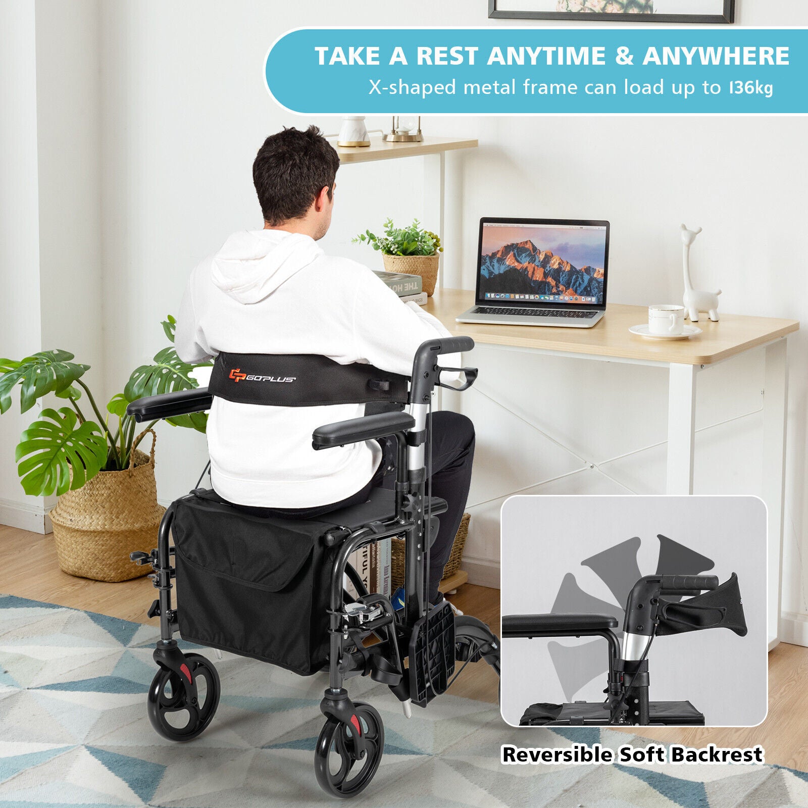 2-In-1 Rollator Walker with Reversible Backrest and Height-Adjustable Handle-Black