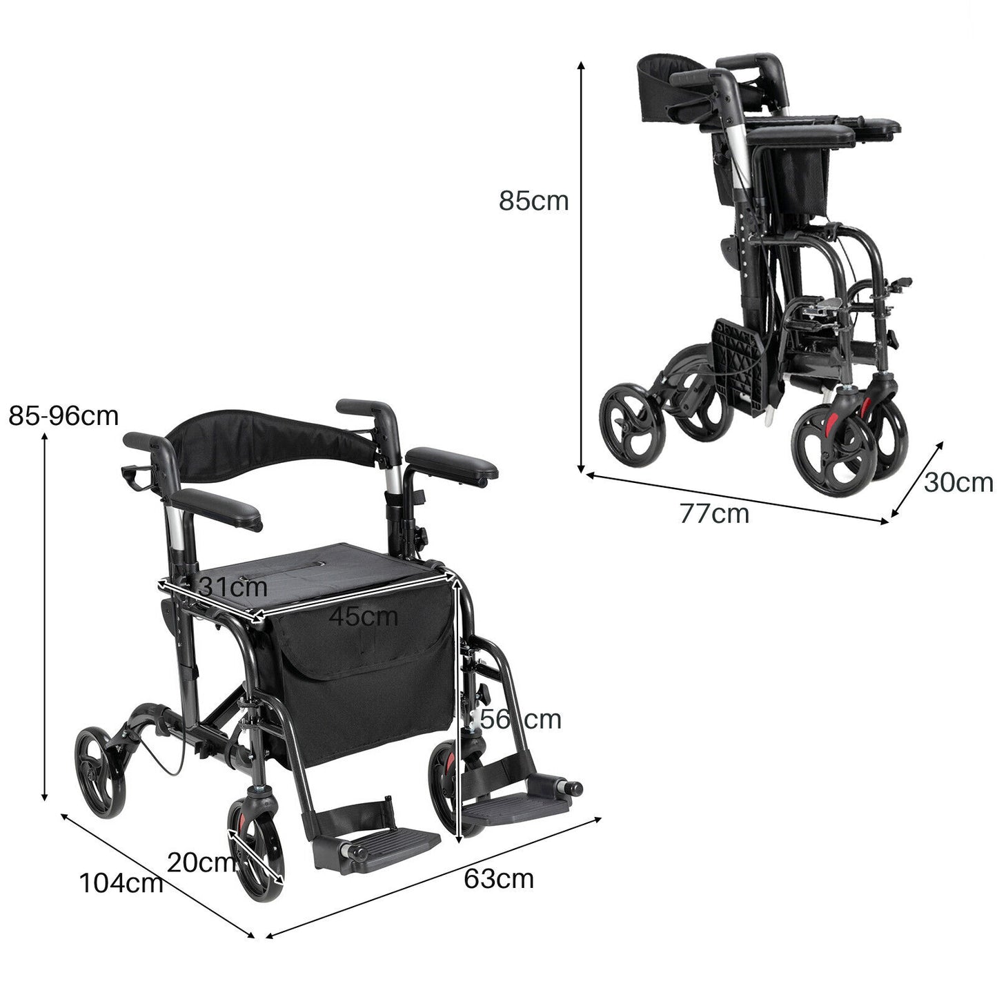 2-In-1 Rollator Walker with Reversible Backrest and Height-Adjustable Handle-Black