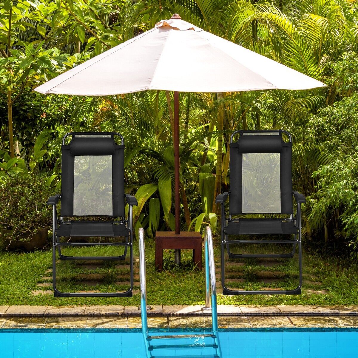 2 Pieces Folding Patio Chair Set with 7 Level Adjustable Backrest-Black