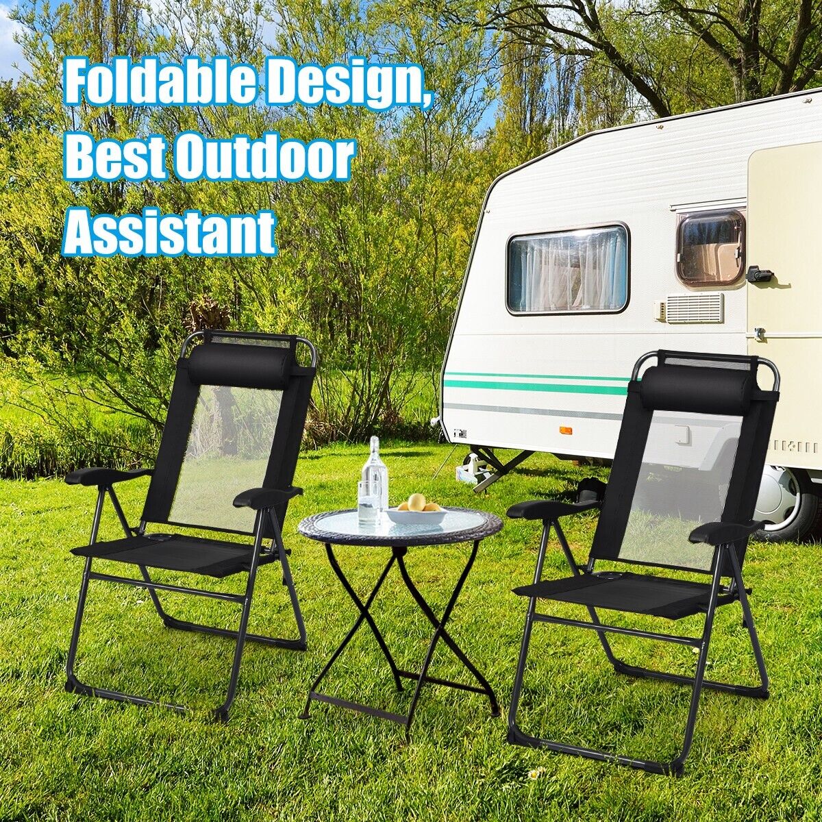 2 Pieces Folding Patio Chair Set with 7 Level Adjustable Backrest-Black