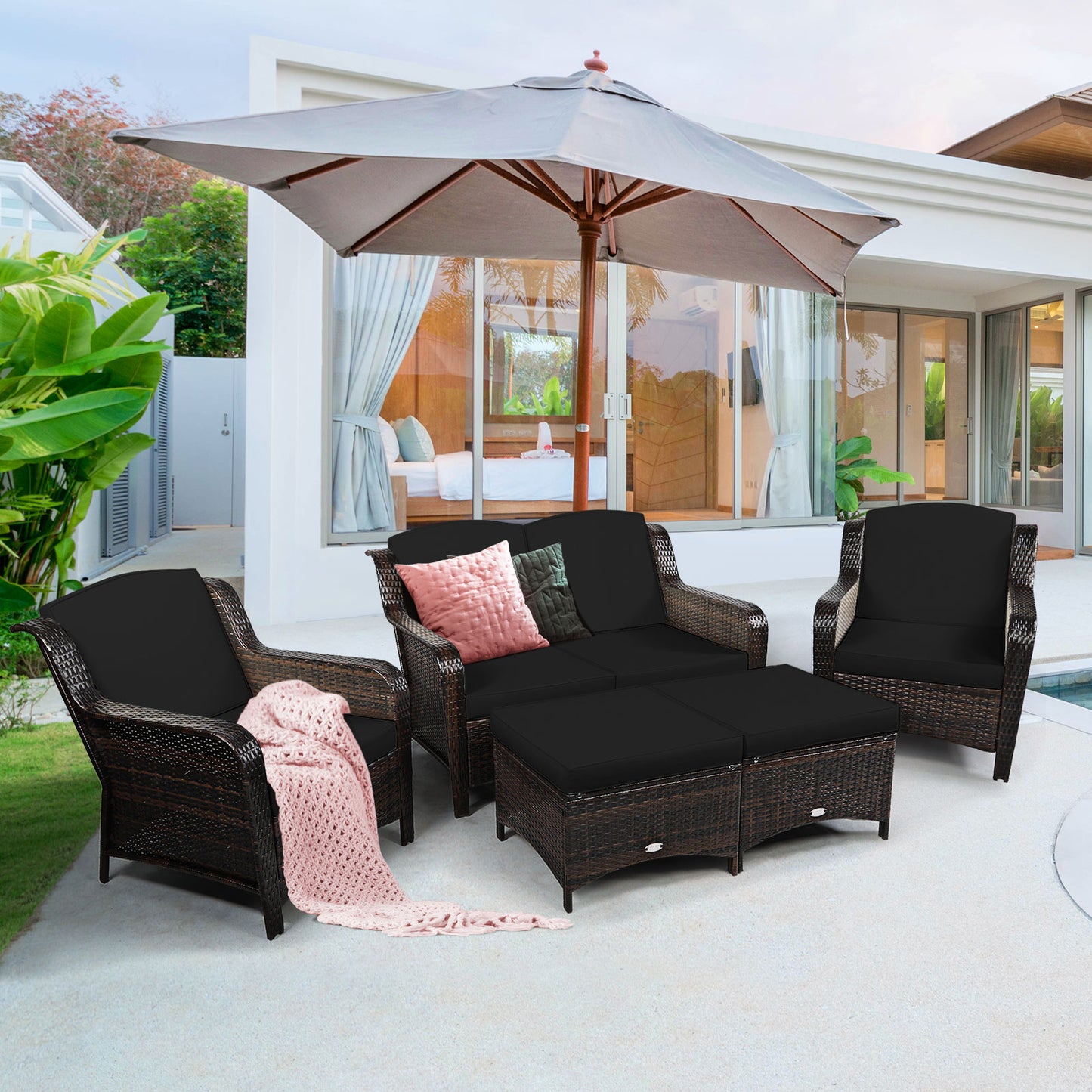 5 Pieces Patio Furniture Set with Removable Cushions and Strong Frame-Black
