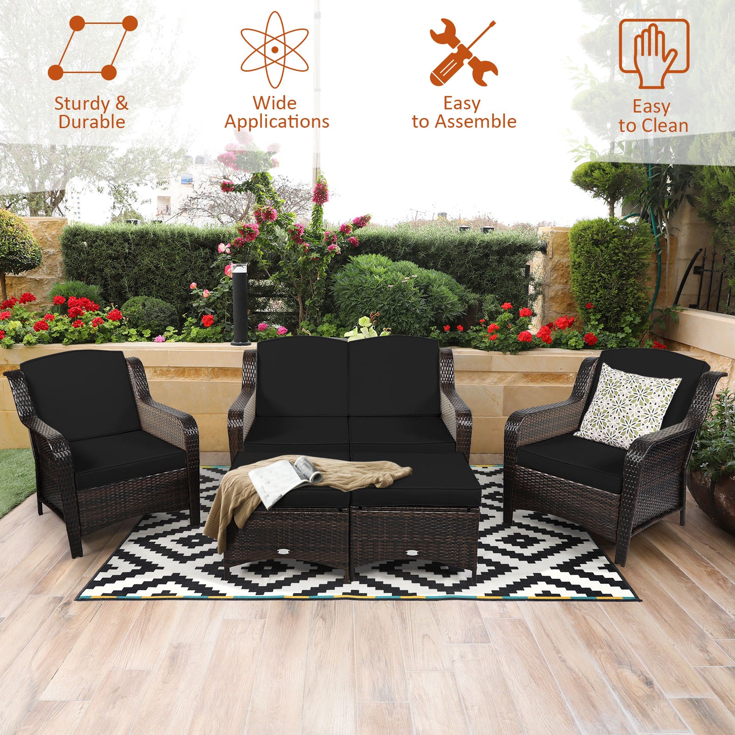 5 Pieces Patio Furniture Set with Removable Cushions and Strong Frame-Black