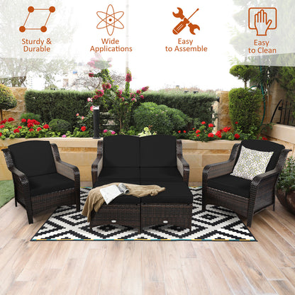 5 Pieces Patio Furniture Set with Removable Cushions and Strong Frame-Black
