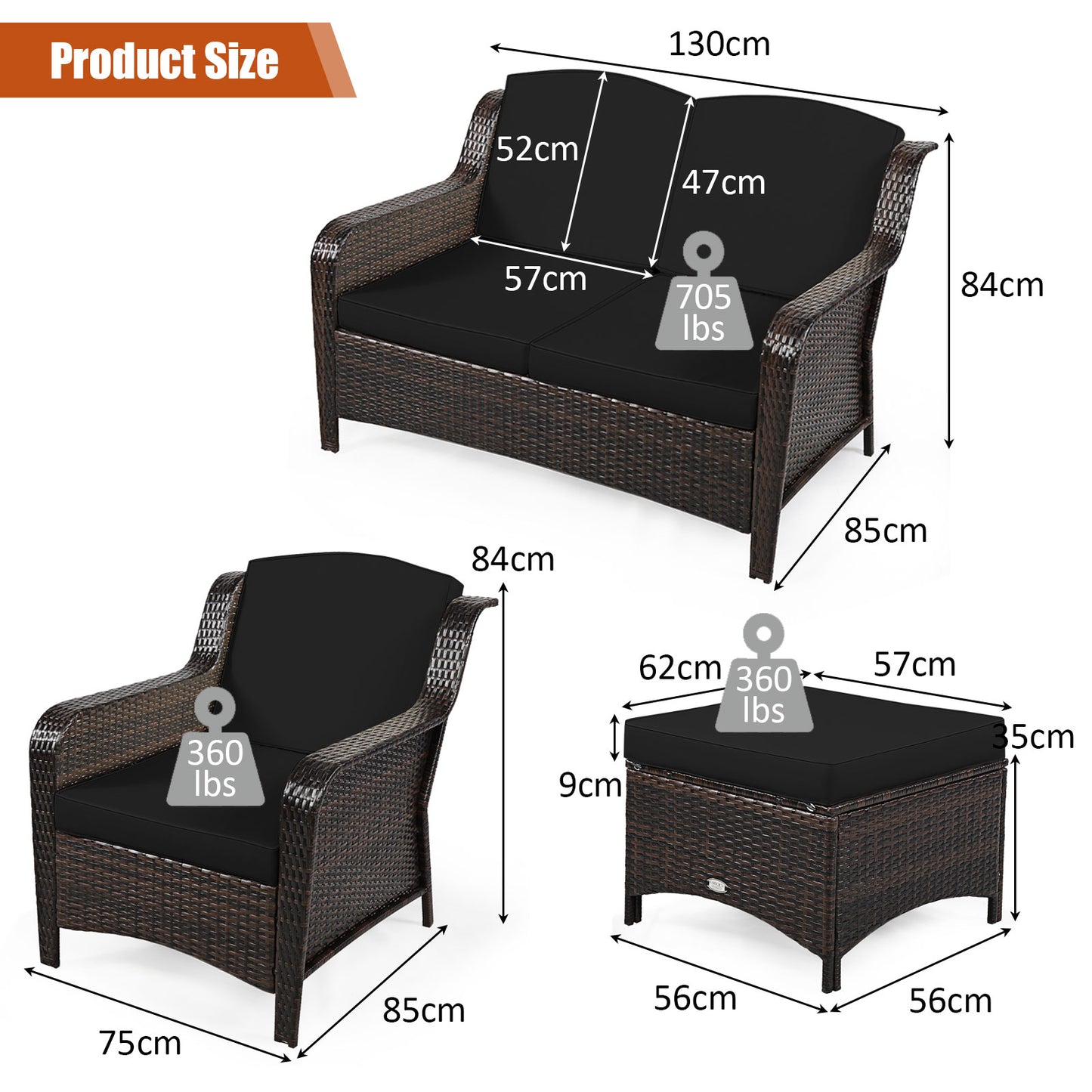 5 Pieces Patio Furniture Set with Removable Cushions and Strong Frame-Black
