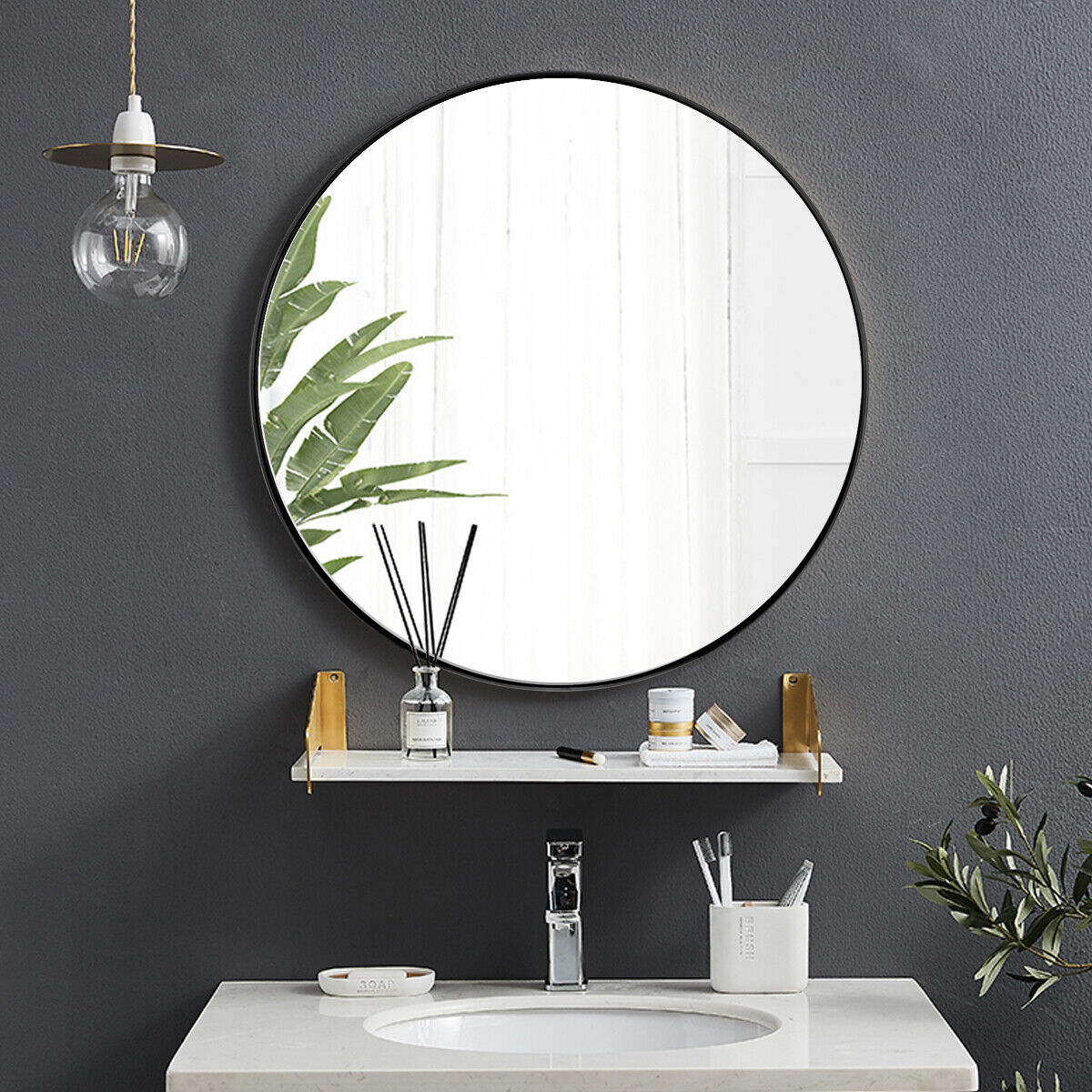 70cm Modern Metal Circle Hanging Mirror-Black