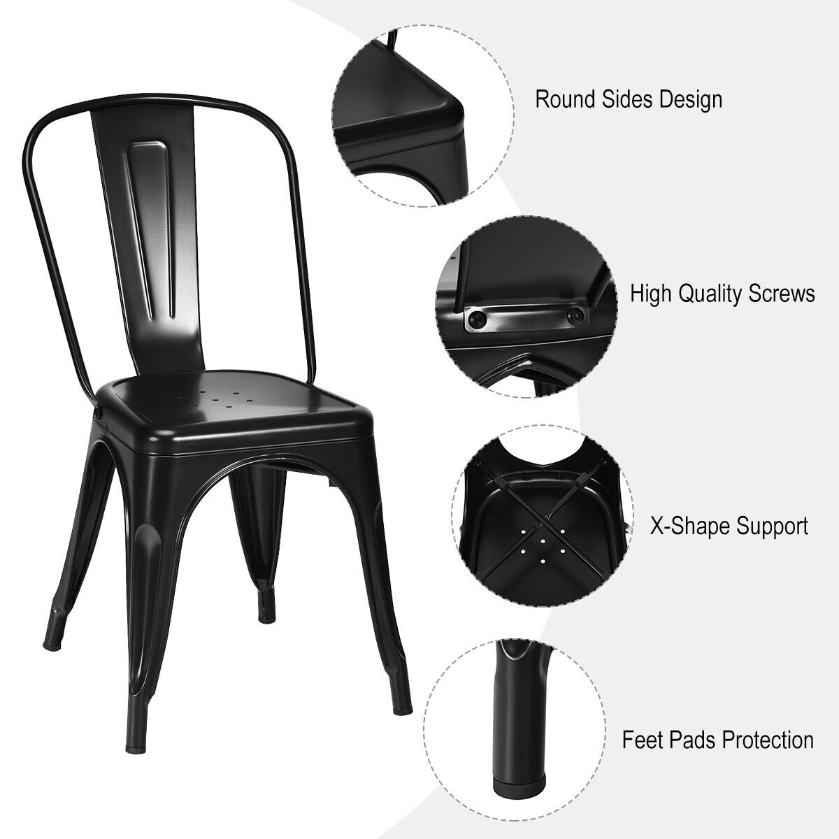 4 Pieces Stackable Metal Dining Chair with Backrest-Black