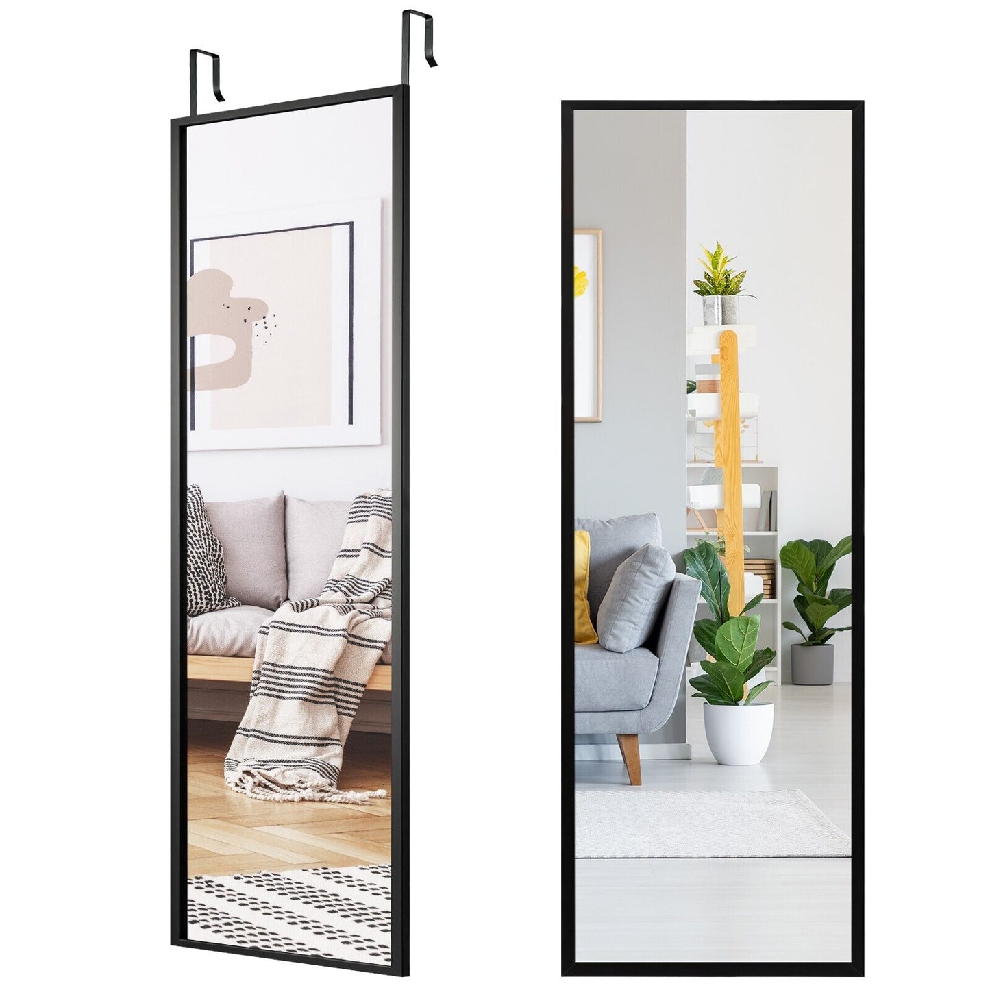 Full Length Wall-Mounted Mirror with Height Adjusting Hooks-Black