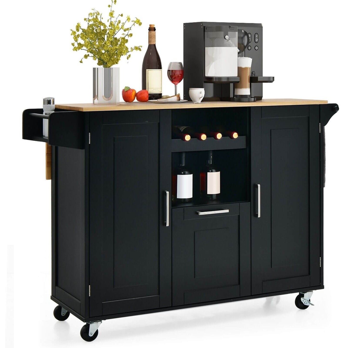 Rolling Kitchen Island Cart with Drop-Leaf Countertop and 4 Rotatable Casters-Black