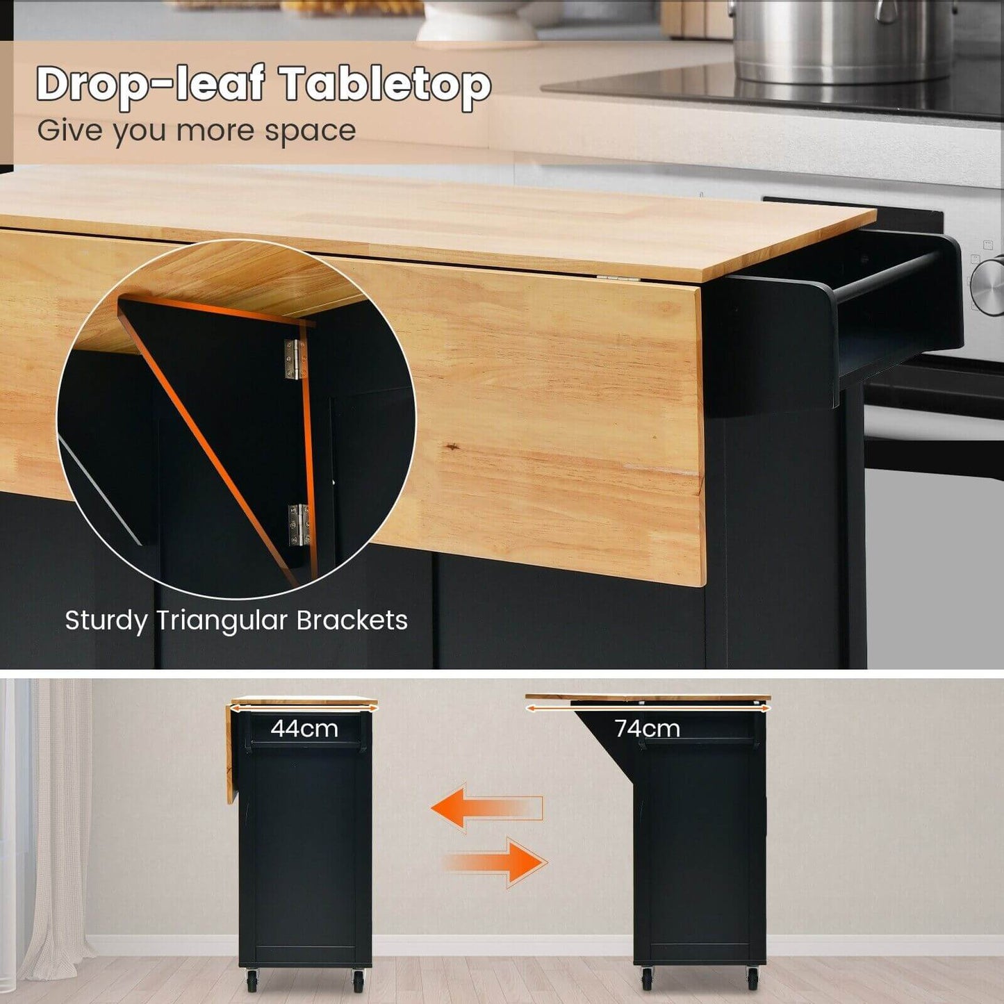 Rolling Kitchen Island Cart with Drop-Leaf Countertop and 4 Rotatable Casters-Black