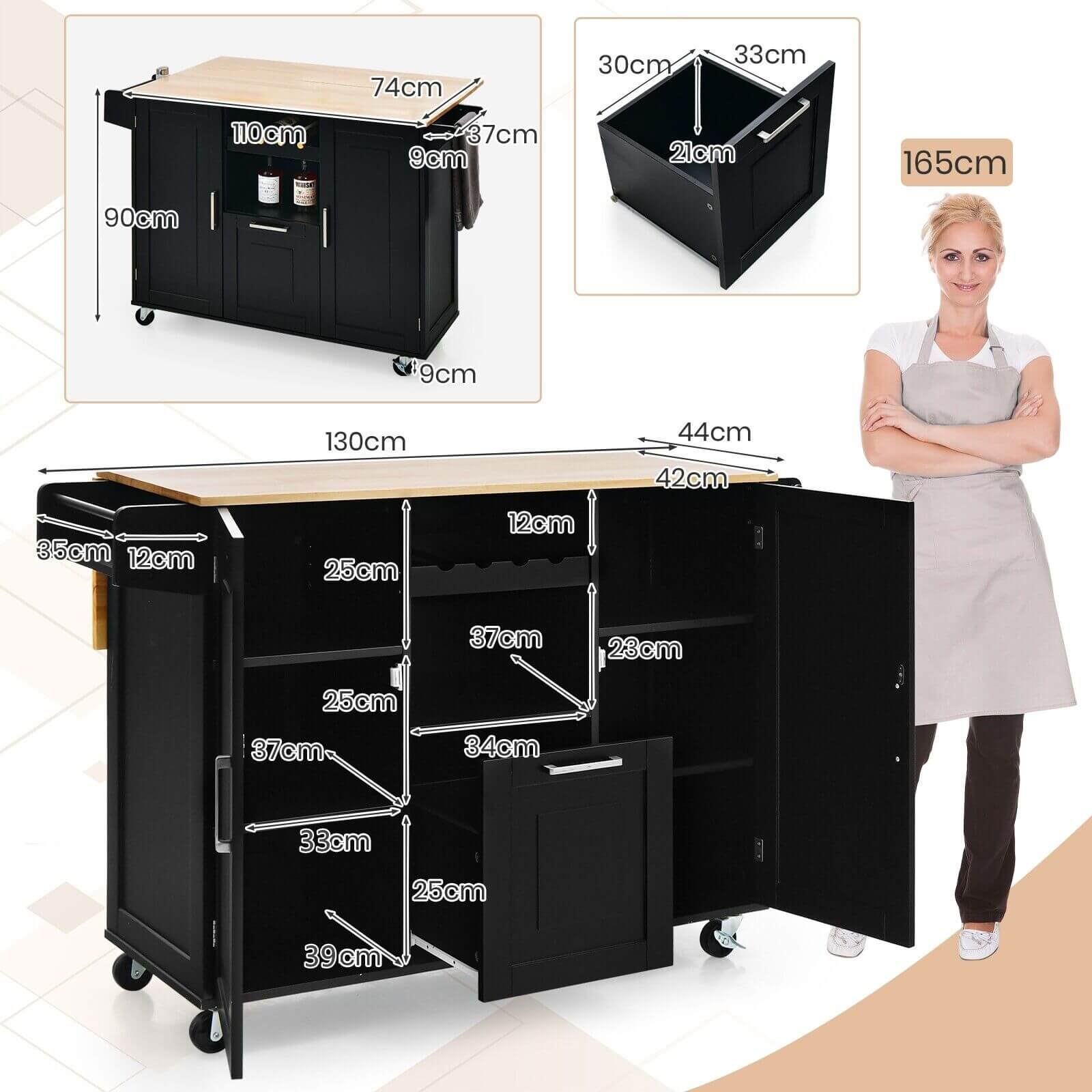 Rolling Kitchen Island Cart with Drop-Leaf Countertop and 4 Rotatable Casters-Black