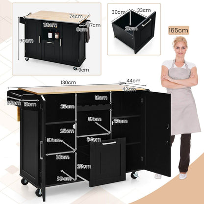 Rolling Kitchen Island Cart with Drop-Leaf Countertop and 4 Rotatable Casters-Black