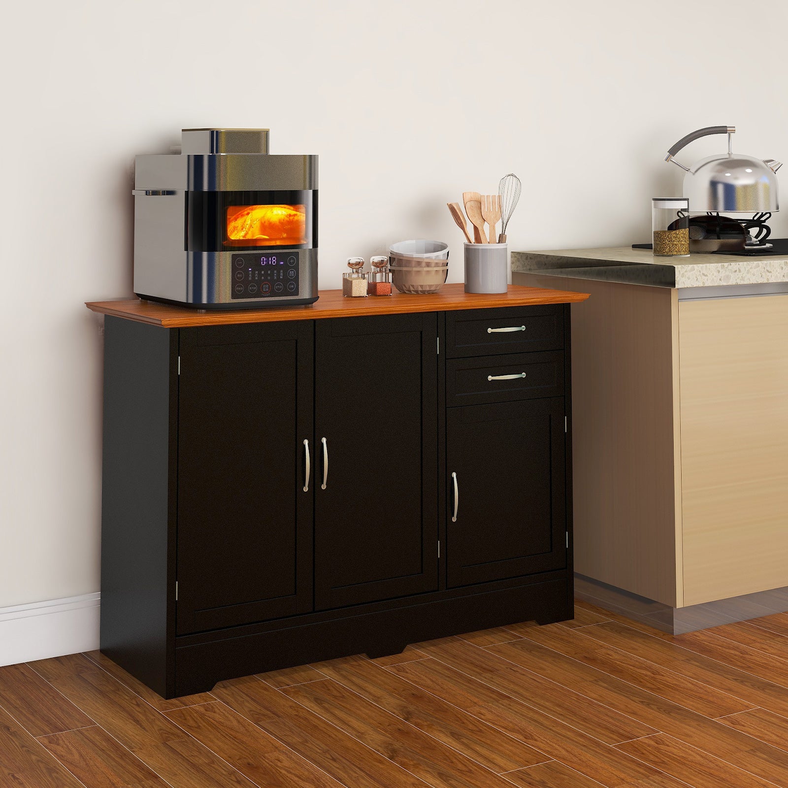 Modern Kitchen Sideboard Storage Cabinet with Adjustable Shelf and Drawers-Black