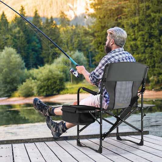 Folding Camping Chair with Side Table and Cooler Bag-Black
