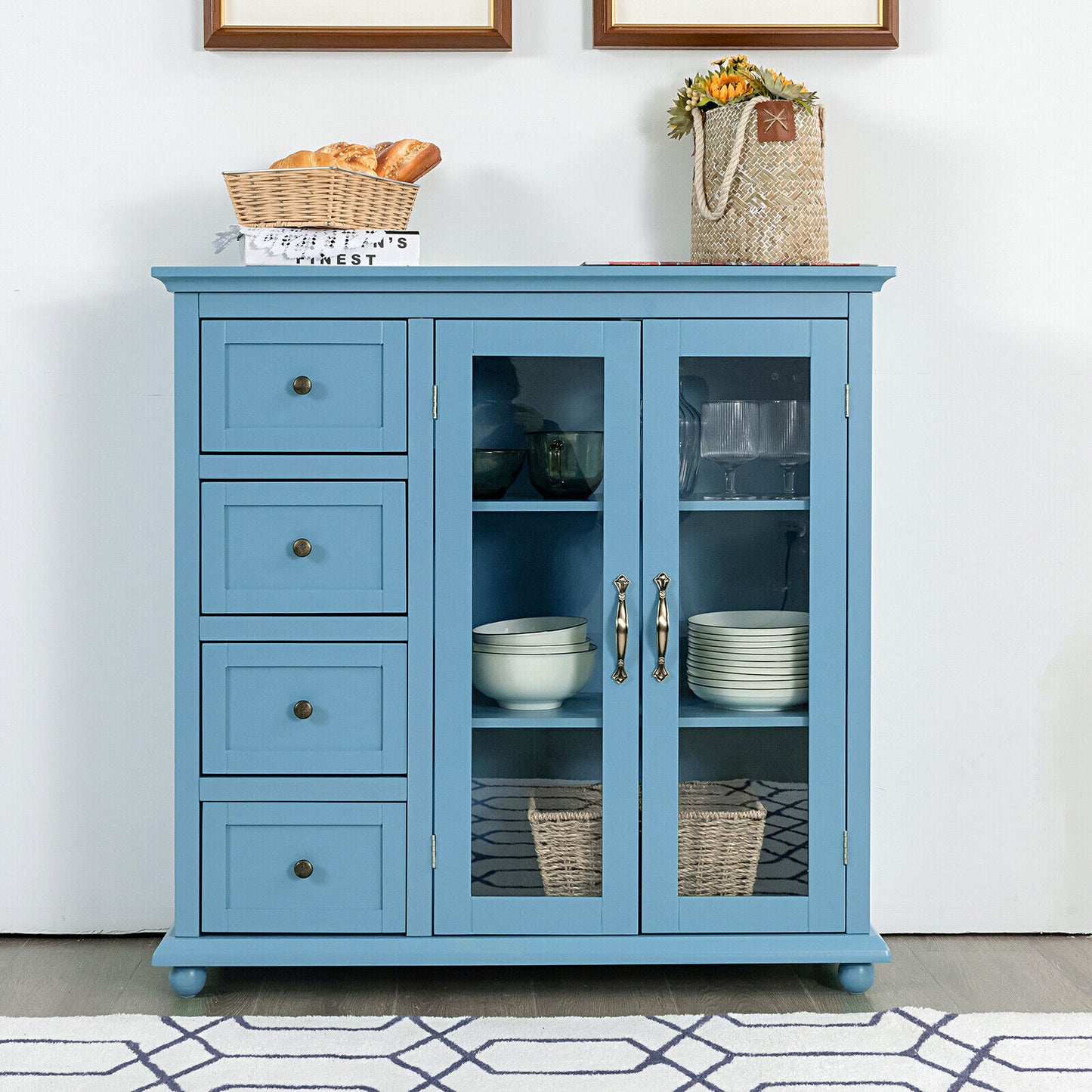 2-Door Wooden Buffet Sideboard with 4 Drawer-Blue