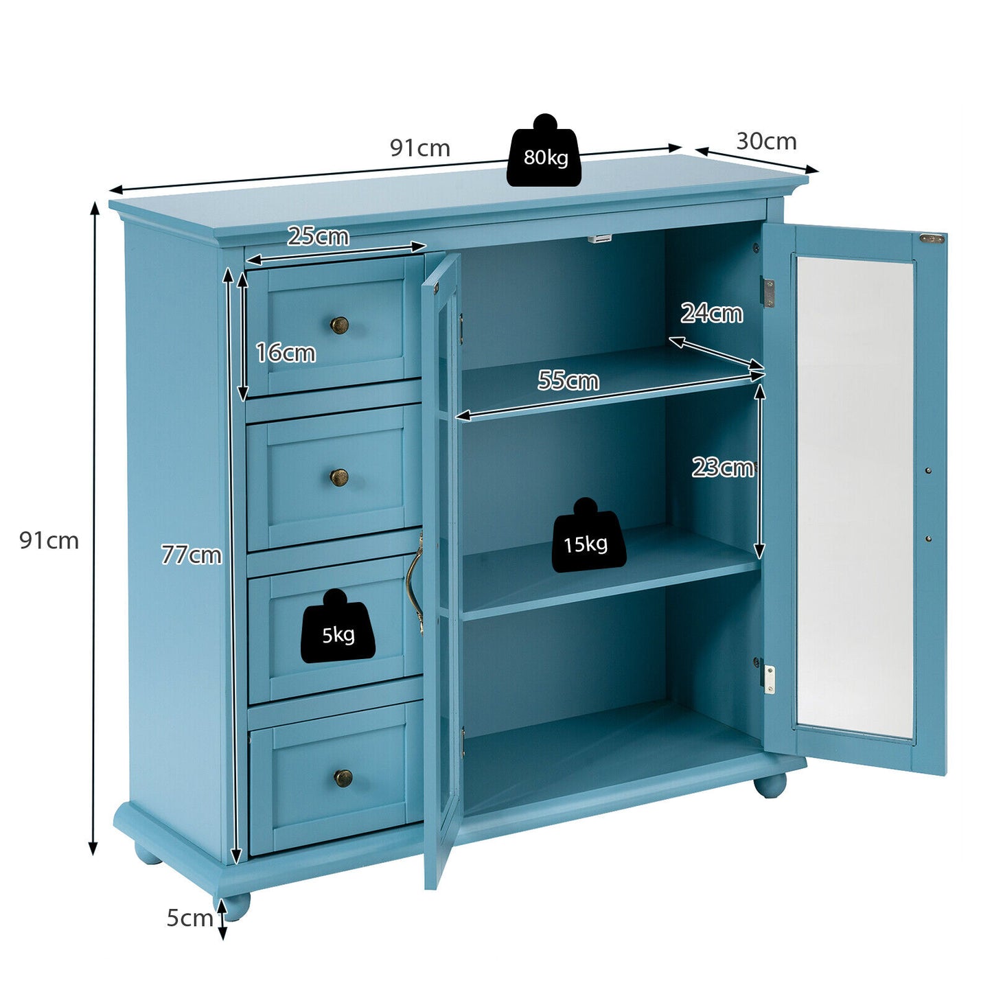 2-Door Wooden Buffet Sideboard with 4 Drawer-Blue