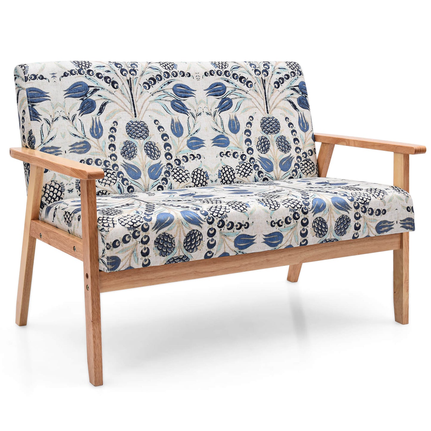 2-Seater Wooden Upholstered Loveseat with Rubber Wood Armrests-Blue
