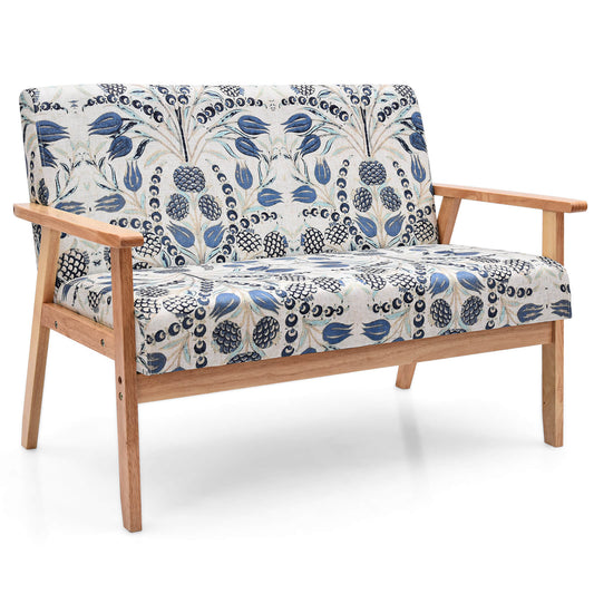 2-Seater Wooden Upholstered Loveseat with Rubber Wood Armrests-Blue