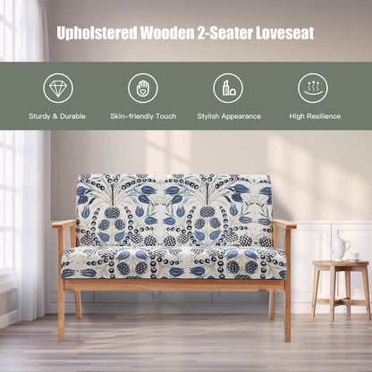 2-Seater Wooden Upholstered Loveseat with Rubber Wood Armrests-Blue