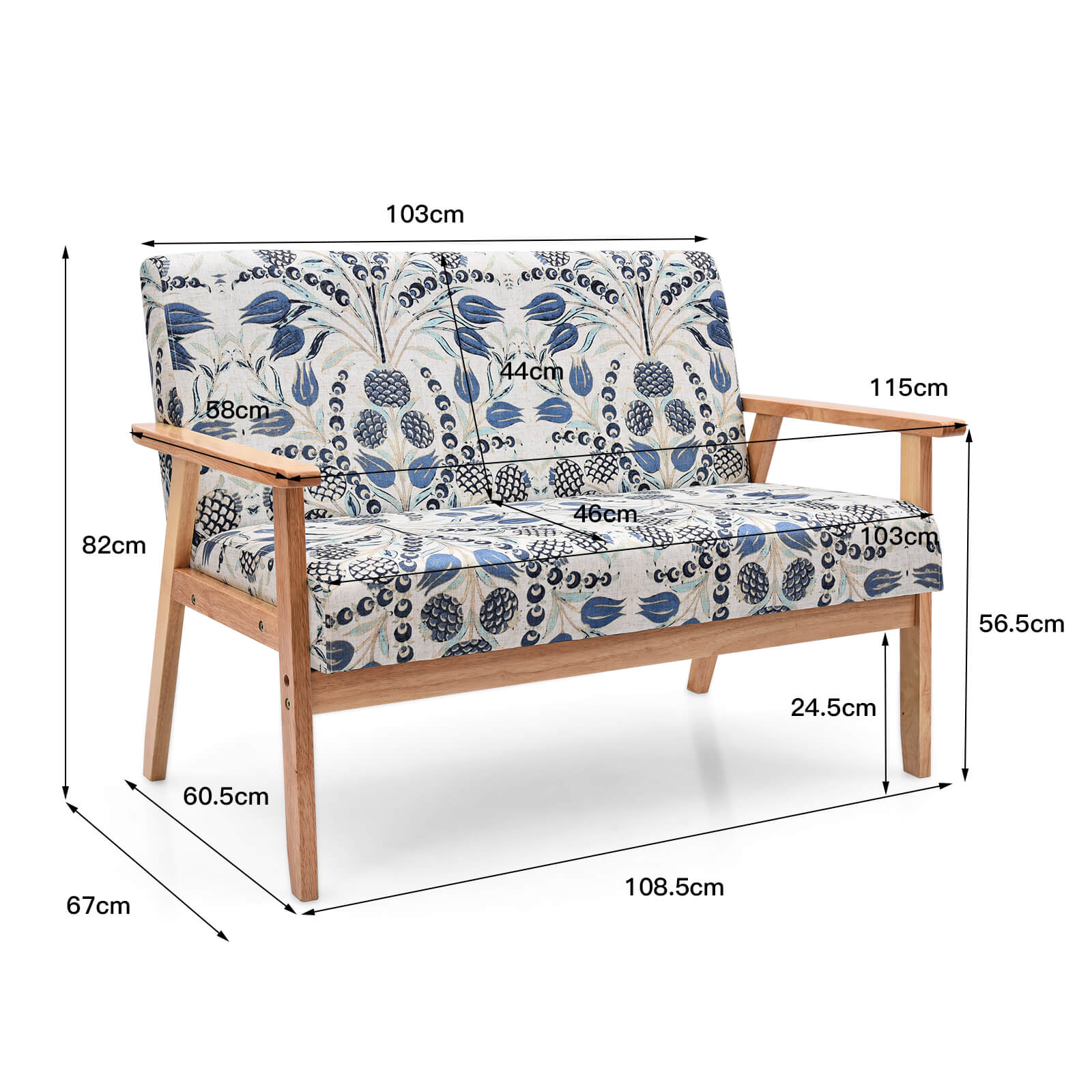 2-Seater Wooden Upholstered Loveseat with Rubber Wood Armrests-Blue