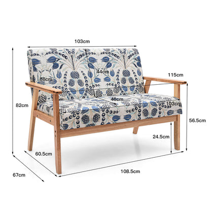 2-Seater Wooden Upholstered Loveseat with Rubber Wood Armrests-Blue
