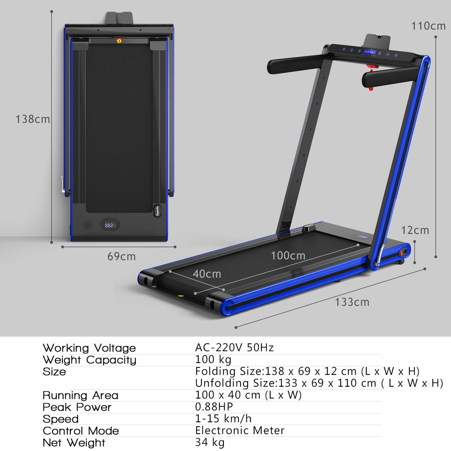 2-in-1 Folding Under Desk Treadmill with Dual LED Display-Blue