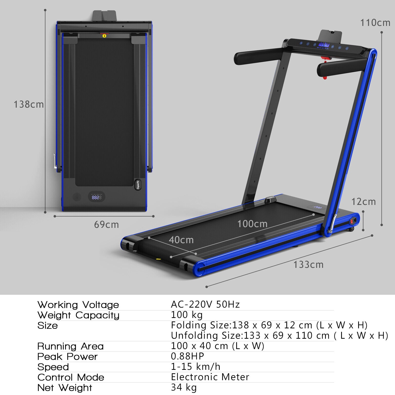 2-in-1 Folding Under Desk Treadmill with Dual LED Display-Blue