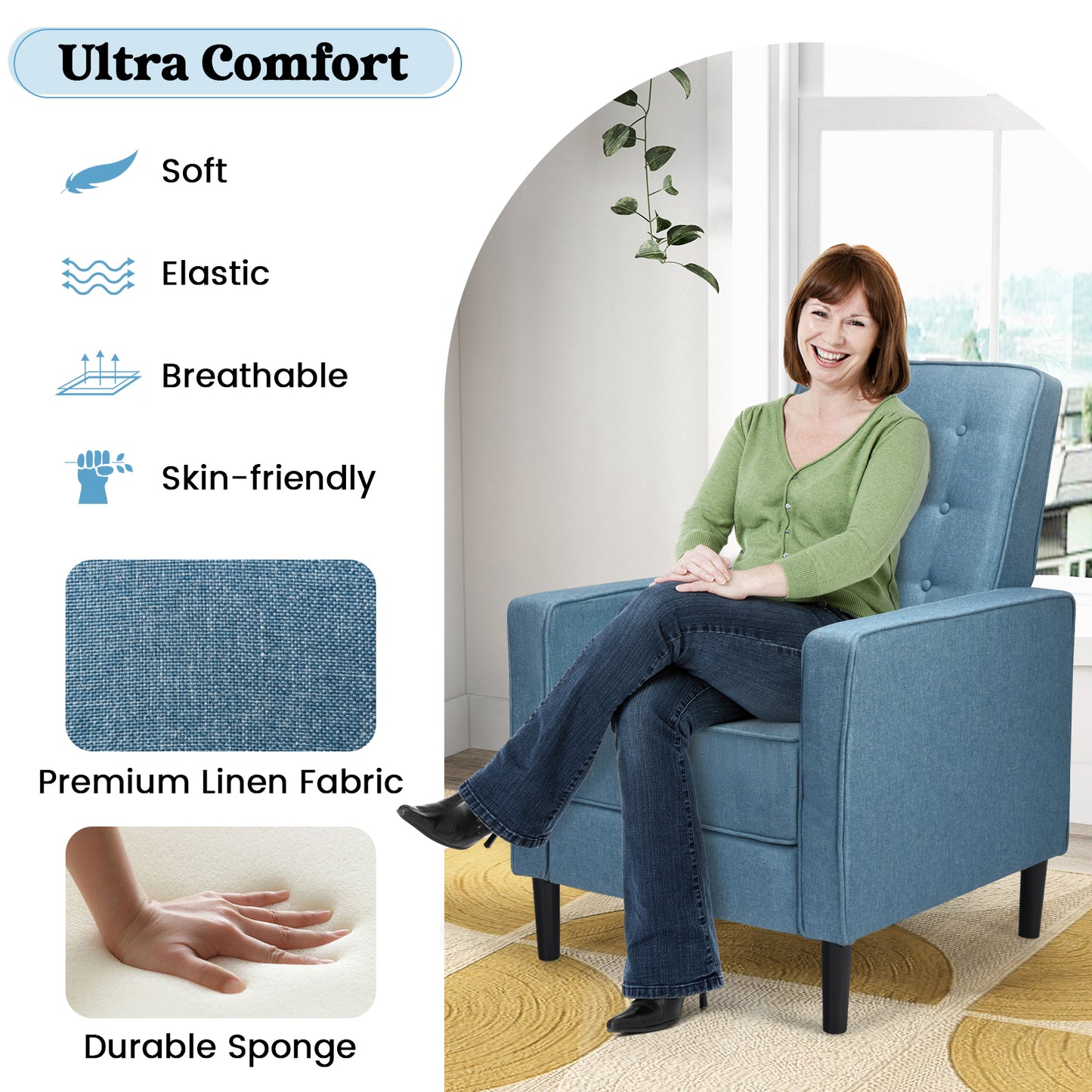 3-Position Adjustable Sofa Chair Leisure Seat with Extendable Footrest-Blue