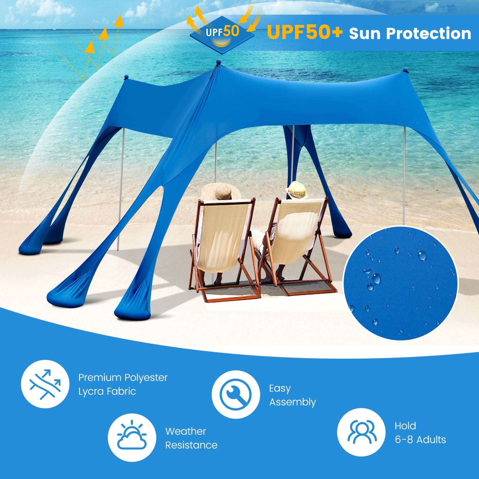 3 x 3M Portable Beach Sunshade Canopy with 8 Sandbags and Carry Bag-Blue