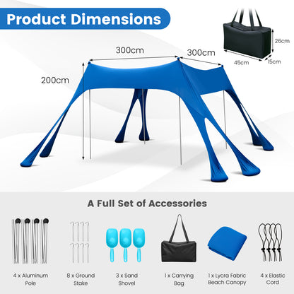 3 x 3M Portable Beach Sunshade Canopy with 8 Sandbags and Carry Bag-Blue
