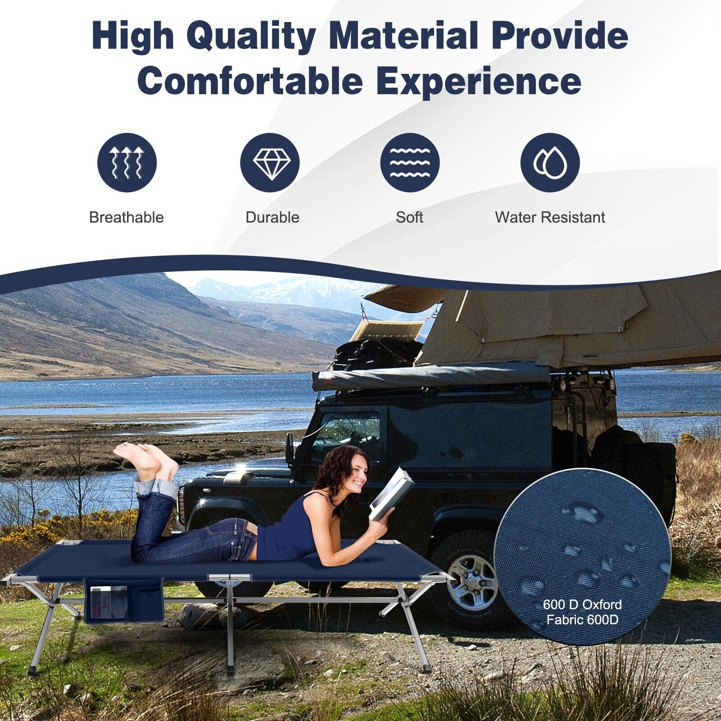 Foldable Camping Cotwith  Carry Bag and Storage Pocket-Blue