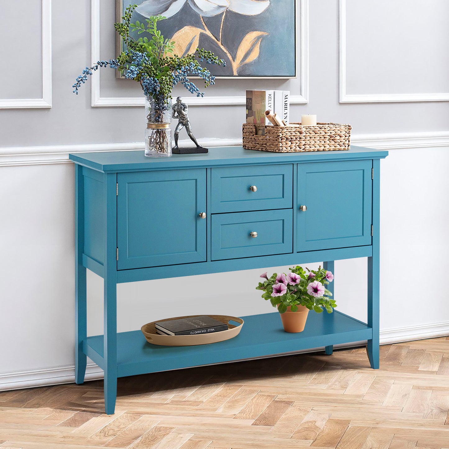 Wood Sideboard Buffet with 2 Drawers and 2 Storage Cabinets-Blue