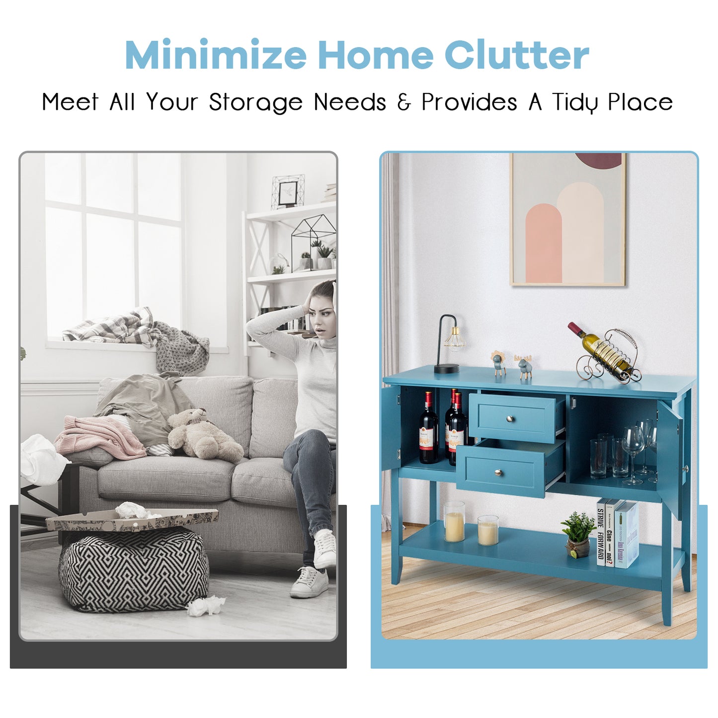 Wood Sideboard Buffet with 2 Drawers and 2 Storage Cabinets-Blue