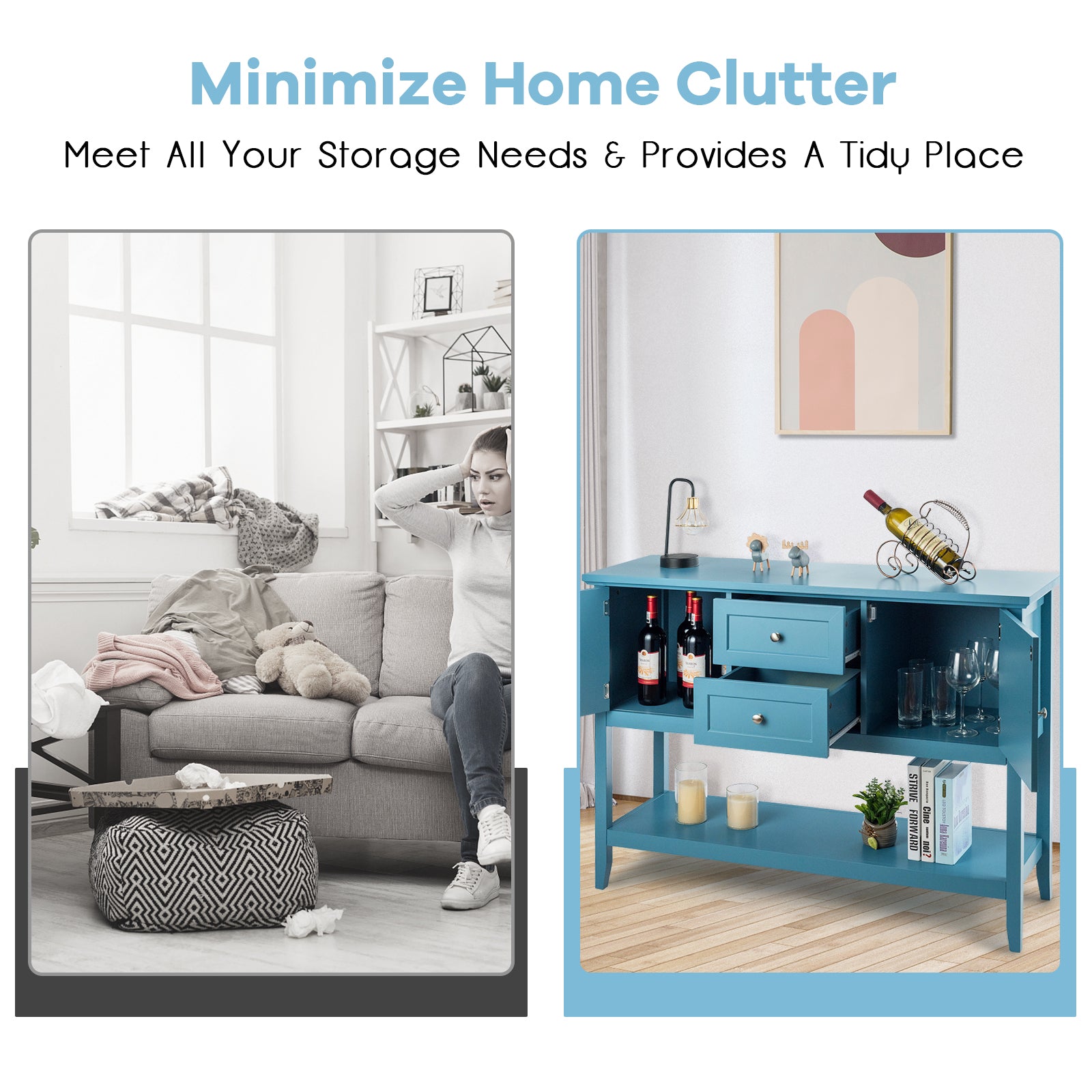 Wood Sideboard Buffet with 2 Drawers and 2 Storage Cabinets-Blue