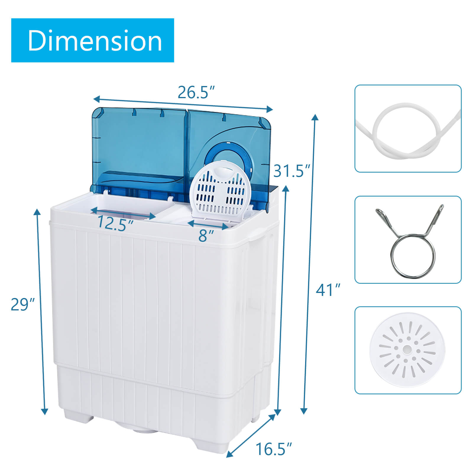 Portable Twin Tub Wash Machine with Spin Dryer-Blue